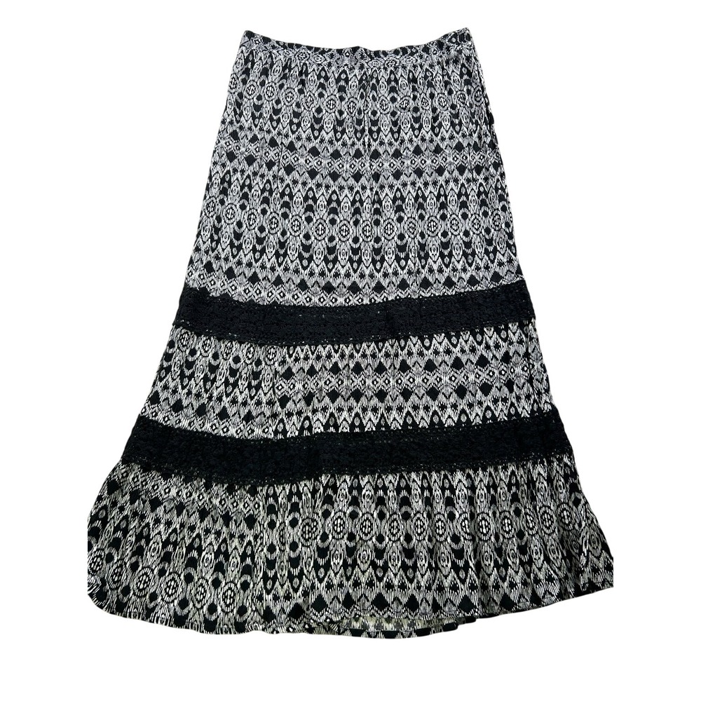 Faded Glory Ikat Tiered Maxi Skirt XL 16-18 Black White Lace Boho Peasant Flowy